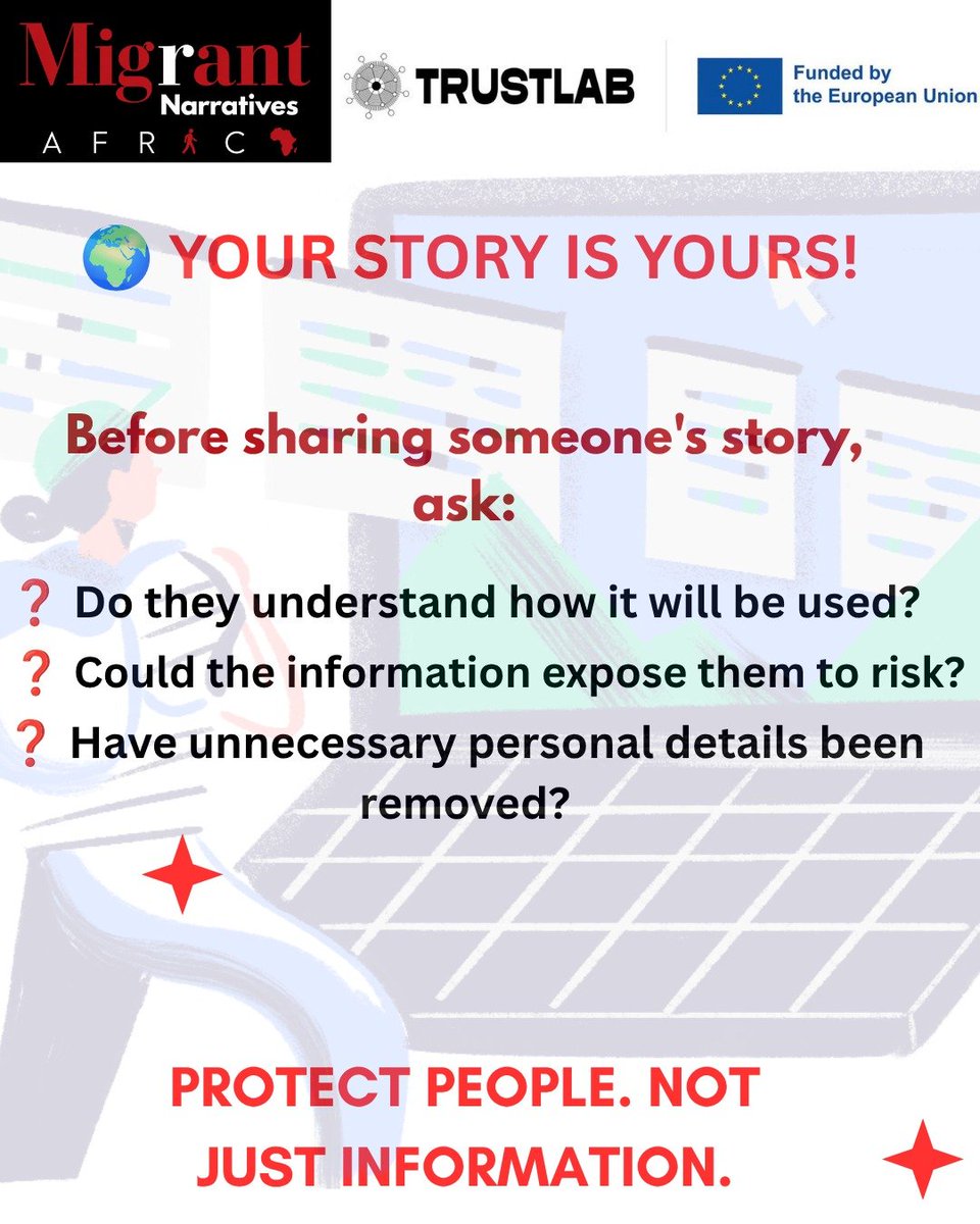 MnarrativesA's tweet photo. Some stories go viral .Some stories change lives .
The best stories do both without sacrificing a person's safety or dignity.
#DataPrivacy #TrustLabProject #MigrantNarrativesAfrica #EthicalStorytelling #DigitalSecurity https://t.co/RHSKEn55rT
