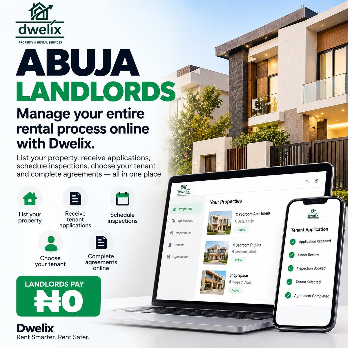 Dwelixpt247's tweet photo. Abuja landlords: Manage your entire rental process online with Dwelix.

List your property, receive applications, schedule inspections, choose your tenant and complete agreements — all in one place.

Landlords pay ₦0.

Rent Smarter. Rent Safer.