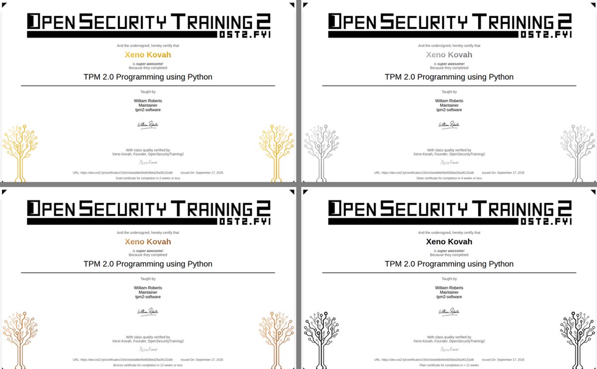 OpenSecTraining's tweet photo. Another nudge which we've added to the site is the different tiers of course completion accomplishments. If you complete a class within 2 weeks of starting it you'll get Gold (12.5k points), 4 weeks Silver (6250), 12 weeks Bronze (3125), and > 12 weeks Plain (1250). We've also updated the certificates to match the accomplishment coloring. We hope students will finish classes ASAP after they start them going forward!