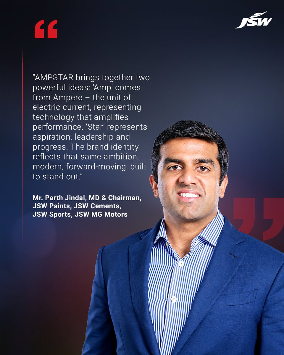 TheJSWGroup's tweet photo. The future of electric mobility belongs to solutions that work seamlessly for the people using them. At the launch of AMPSTAR, Mr. Parth Jindal, MD, JSW Group, shared this customer-first thinking behind our newest venture in electric commercial mobility. Built around the complete consumer journey, it brings together technology, performance, and reliability to make the shift to electric simpler and more rewarding.

#JSW #BetterEveryday #AMPSTAR #ElectricMobility #ElectricVehicles #CommercialMobility