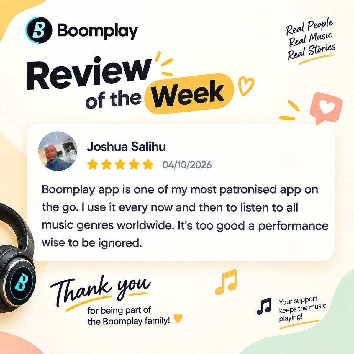 BoomplayHelp's tweet photo. 🌟 Review of the Week! 🌟
We love hearing from our amazing Boomplay family! 🎶❤️
Thank you, Joshua, for the 5-star love and for choosing Boomplay to keep the music playing. ⭐⭐⭐⭐⭐
Your support inspires us! 🙌🎧
#Boomplay #ReviewOfTheWeek #BoomplayFamily #MusicForEveryone https://t.co/Wjzxhw8PWP