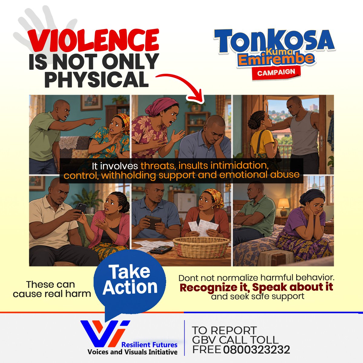 VVIUganda's tweet photo. Have you ever experienced insults, threats, intimidation or someone controlling who you talk to, where you go or denying you support? 

Let’s talk about it, support one another and build safer communities where everyone feels respected and protected. 

#EndGBV #SpeakUp #SafeCommunities #VVIUganda #tonkosakumaemirembe