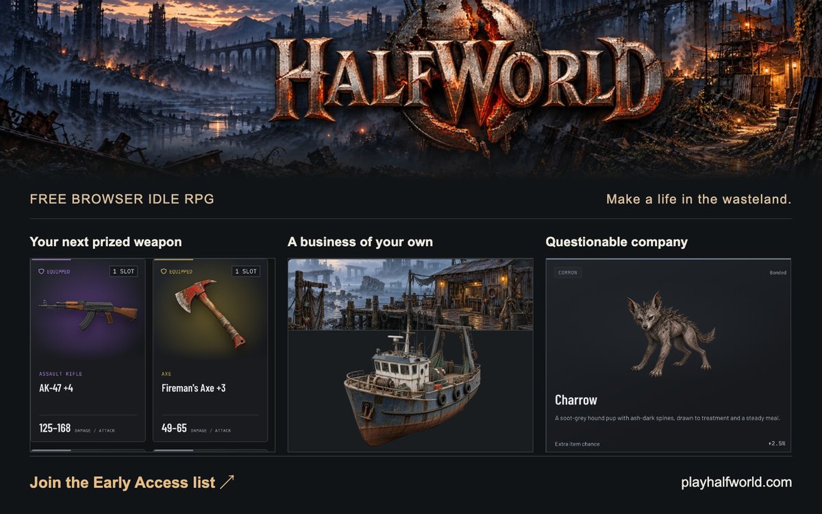 playhalfworld's tweet photo. @indieDevC We're building Halfworld, a free browser idle RPG set after the apocalypse!

• Craft a loadout worth showing off
• Become the survivor everyone trades with
• Adopt some deeply questionable wildlife

Early Access signups are open: https://t.co/N06Xfv51g5 https://t.co/KQsFLrLFwC