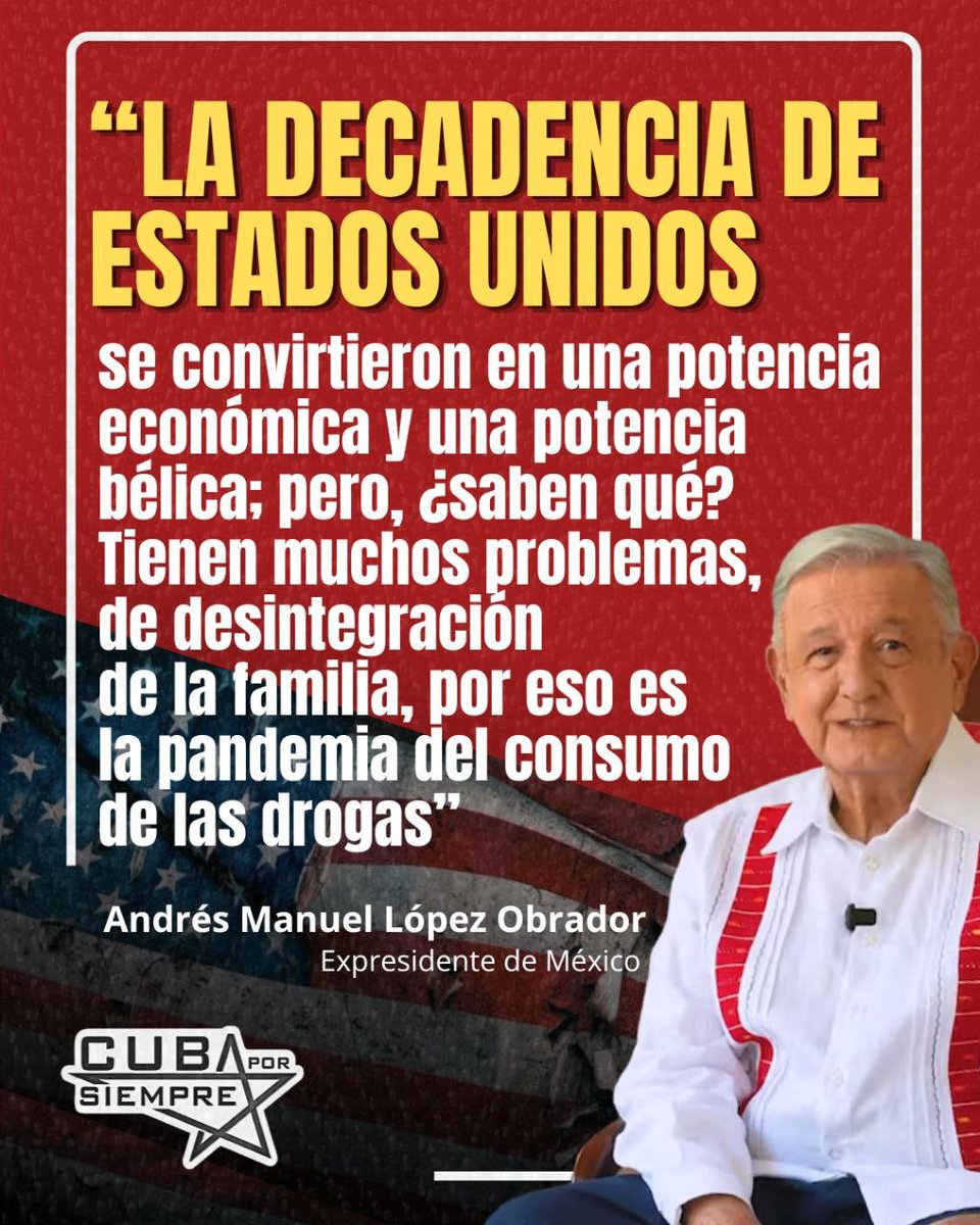 AMJA24787960's tweet photo. López Obrador atribuyó la crisis de drogas en EE. UU. a la desintegración familiar, el materialismo y el poder bélico. En la presentación de su libro *Pueblo* en X, afirmó que la decadencia estadounidense se debe a priorizar lo material sobre la familia. https://t.co/aY1due9sXP
