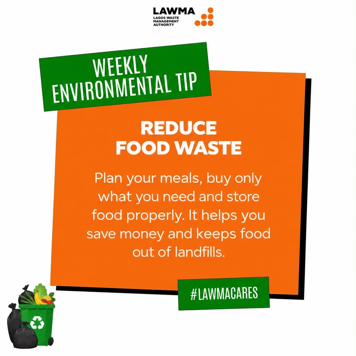 Lawma_gov's tweet photo. Small changes in our daily habits can make a big difference. 
Plan your meals, buy what you need, store food properly and help keep food waste out of landfills.

#LAWMAcares https://t.co/gDzL6s1isu