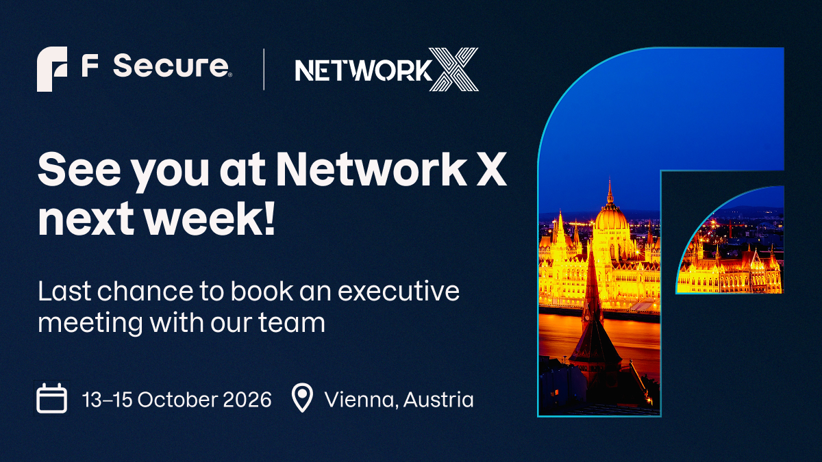 FSecure's tweet photo. One week until Network X. Have you booked your meeting yet?

Meet our leadership team to explore how digital trust can drive growth — from strengthening your security offering to simplifying service delivery.

Book now: https://t.co/qRkvj139i9 https://t.co/dDddr0HEGz