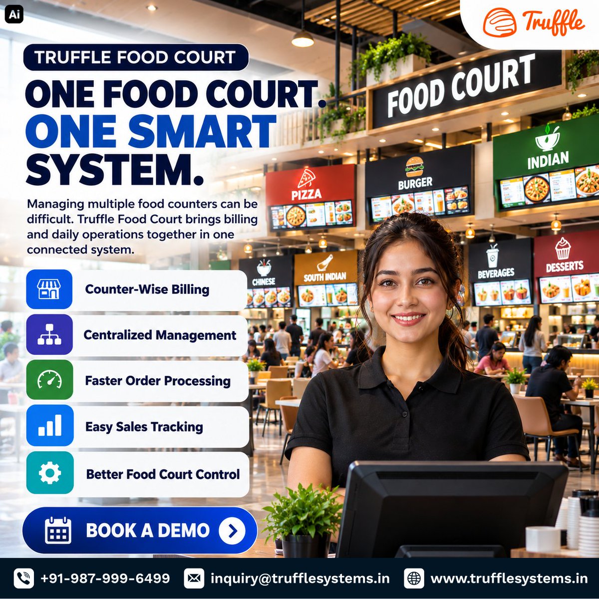 truffle_systems's tweet photo. One Food Court. One Smart System.

Truffle Food Court offers:
• Counter-Wise Billing
• Centralized Management
• Faster Orders
• Sales Tracking
• Better Food Court Control
Simplify Your Food Court Operations with Truffle.
#TruffleSystems #FoodCourtManagement https://t.co/d0hud3wIro