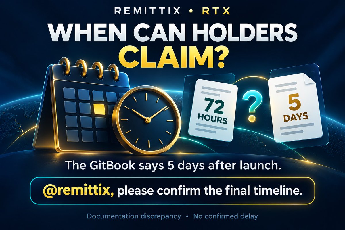 LaurentBalat's tweet photo. ⏳ $RTX claim timing needs clarification: the GitBook says 5 days after launch, while 72 hours has also been communicated.

@remittix, which timeline applies? Please confirm the final claim date and time.

This discrepancy does not confirm a delay. #Remittix https://t.co/pOJBWQGf5T