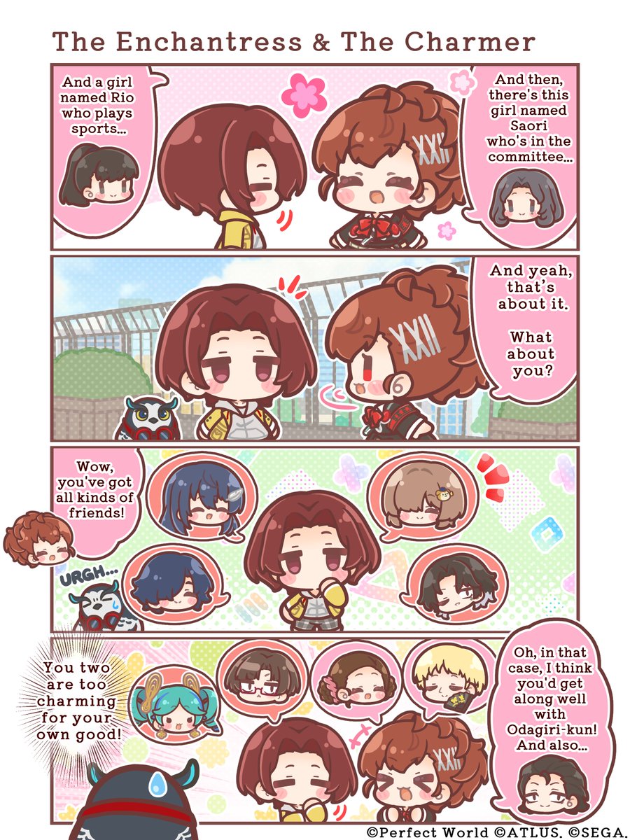 P5XOfficialWest's tweet photo. ╋━━
   P5Xfourpanel comic
　　　　　　　━━━╋

The (ir)regular serialization of P5X’s official 4-panel comic continues!
Just another normal day for the Phantom Thieves and friends…

🌙 Chapter 16: The Enchantress ＆ The Charmer

Kotone and Wonder happily chat about their friends at school.
As they share stories about their relationships, Lufel comes to a realization…

#P5XEN #P5X_fourpanelcomic #P3P #P3PxP5X