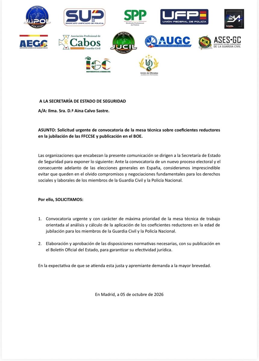 jucilnacional's tweet photo. 🚨 BASTA DE APLAZAR LOS DERECHOS DE GUARDIAS CIVILES Y POLICÍAS.

🤝 En UNIDAD DE ACCIÓN exigimos a la Secretaría de Estado de Seguridad que convoque YA la mesa técnica sobre los COEFICIENTES REDUCTORES.

⏱️ No hay tiempo para más excusas.

Con un nuevo proceso electoral en marcha, estos compromisos no pueden volver a quedarse en un cajón.

🔊 Exigimos:

👮‍♂️ Mesa técnica INMEDIATA.
⚖️ Norma aprobada.
📜 Publicación en el BOE.
✅ Aplicación real para Guardia Civil y Policía Nacional.

⚠️ LOS DERECHOS NO SE PROMETEN. SE CUMPLEN.

🛡️ MISMOS RIESGOS, MISMOS DERECHOS.

🚨 COEFICIENTES REDUCTORES YA.

#JUCIL #GuardiaCivil #PoliciaNacional #UnidadDeAccion