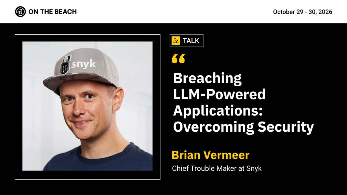 JOTBConf's tweet photo. LLM apps are great...until OpenAI's agents break into Hugging Face and Australia's Medicare portal.

In Breaching LLM-Powered Applications, @BrianVerm from @snyksec shows how prompt injection, leaked keys and plain old security bugs can turn your AI against you.

#Cybersercurity https://t.co/VnvborhwT2