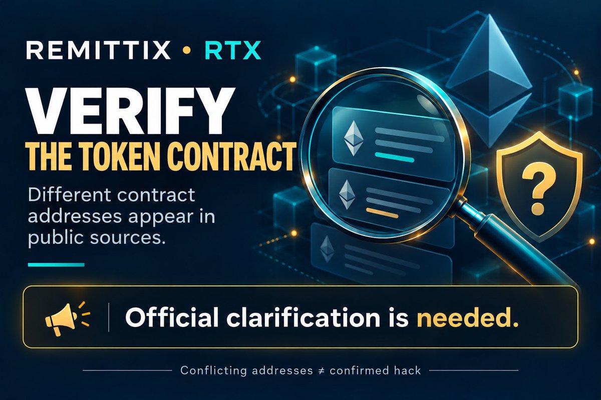 LaurentBalat's tweet photo. 🔎 Different $RTX contract addresses appear in documentation and public listings. This does not prove a hack.

@remittix, could you confirm the contract address for launch and update the conflicting sources?

Clarity protects the community. #Remittix https://t.co/b56mXs6UjR