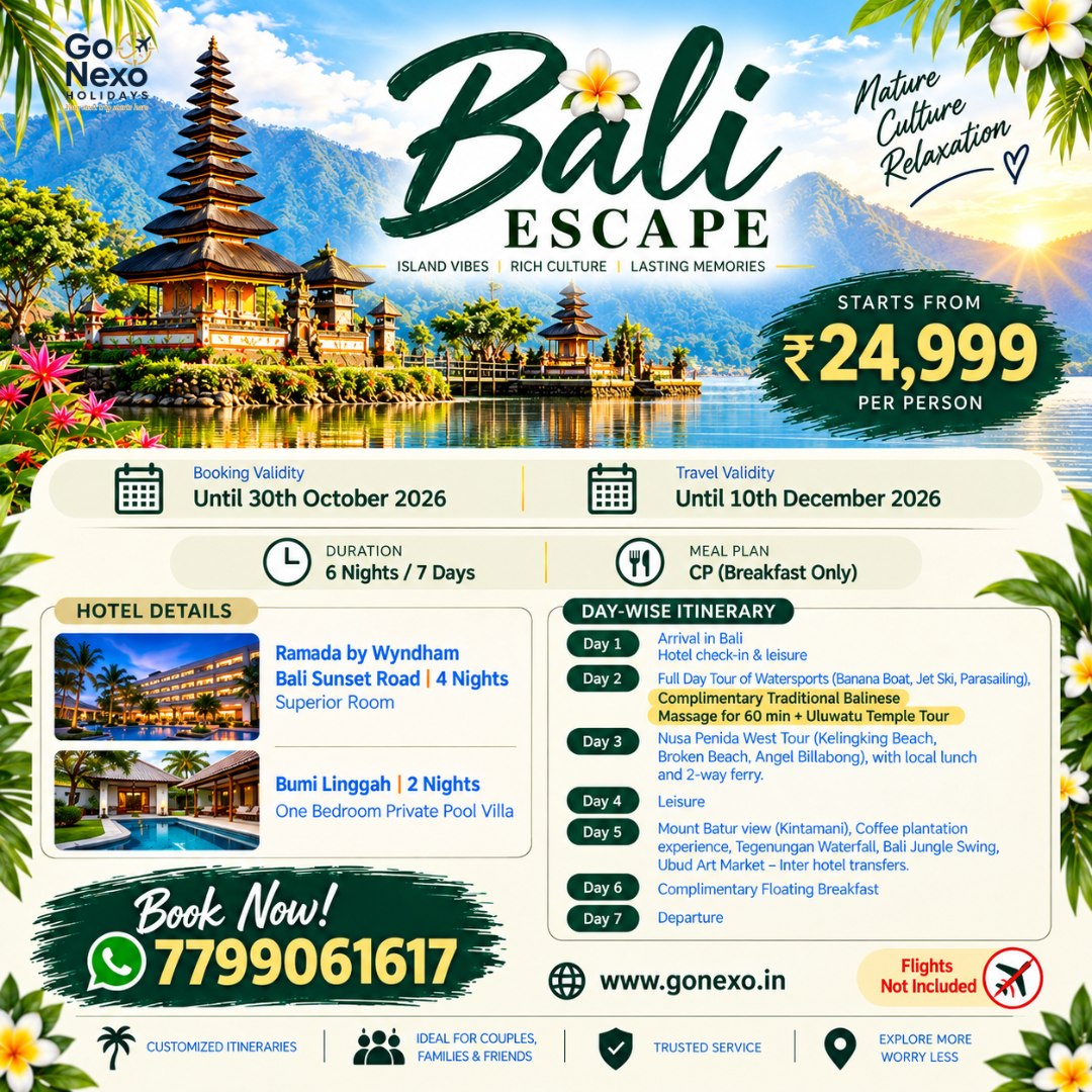 Valee2398's tweet photo. Bali Escape: 6 Nights/7 Days from ₹24, 999 per person. Includes 4-star stay, private pool villa, breakfast, Balinese massage, tours, floating breakfast and private transfers. Flights not included. Valid until Dec 10, 2026. https://t.co/GYbhhPTHOO