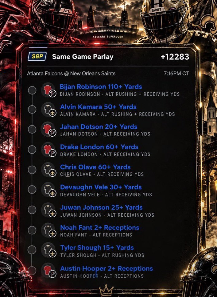 ParlaybyAce1's tweet photo. 🚨🚨 STOP SCROLLING. THIS MNF BOOST IS ABSURD. 🚨🚨

FALCONS 🆚 SAINTS
💣 BOOSTED SGP
🔥 @Playbook
💰 +5865 ODDS https://t.co/UlqjpqDFRX