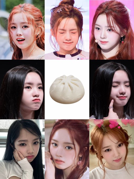 A grid collage showing eight portraits of different young women surrounding a central image of a white steamed bun.
