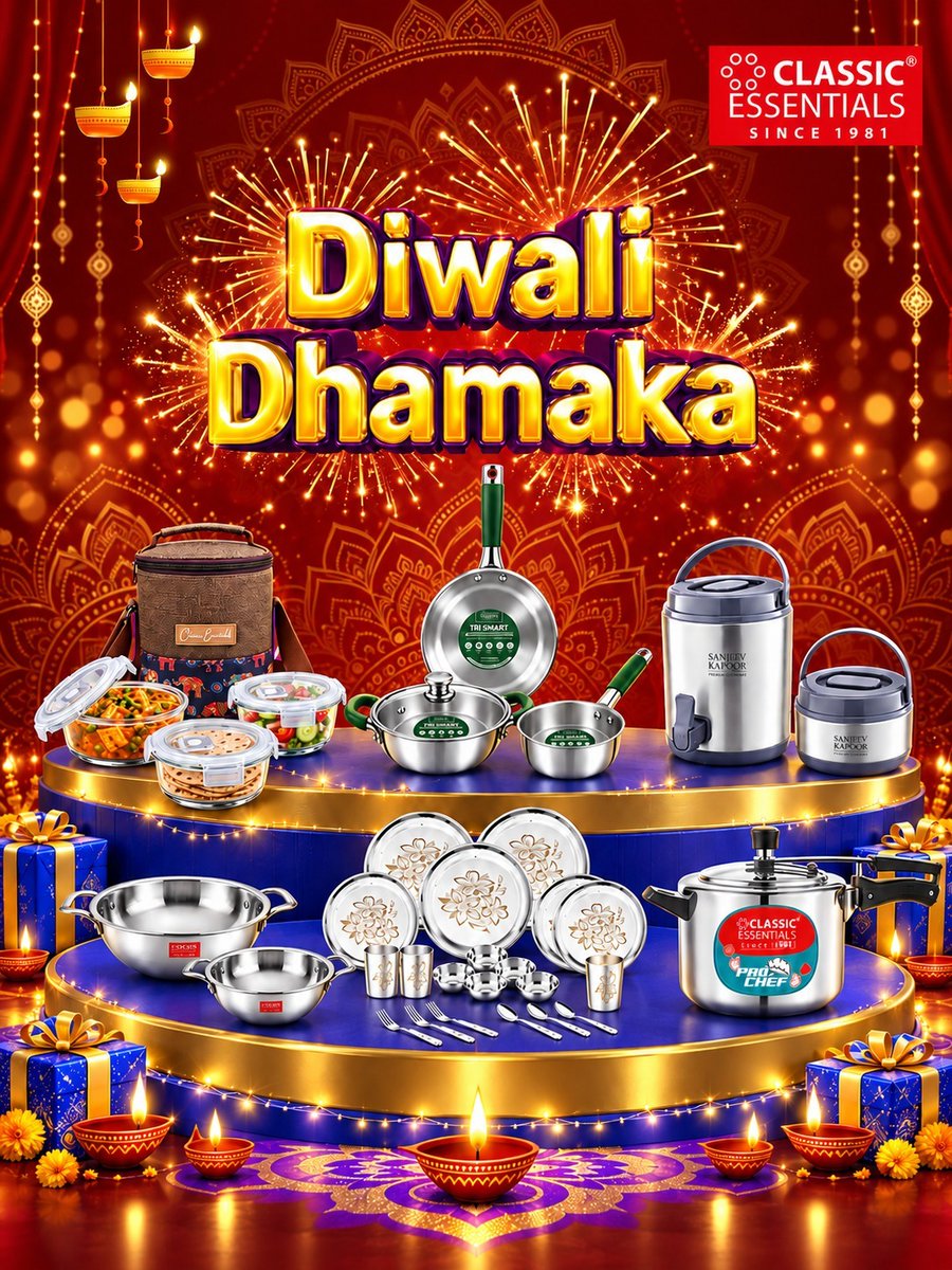 ClassicEsshnlt's tweet photo. ✨ Diwali Dhamaka with Classic Essentials! 🪔
From festive cooking to thoughtful gifting, celebrate with kitchen and dining essentials that shine. 🍽️🎁
Contact for Bulk Order : +91 92180 08642
https://t.co/tfSbPBOeVY https://t.co/QogoX2xR0P
