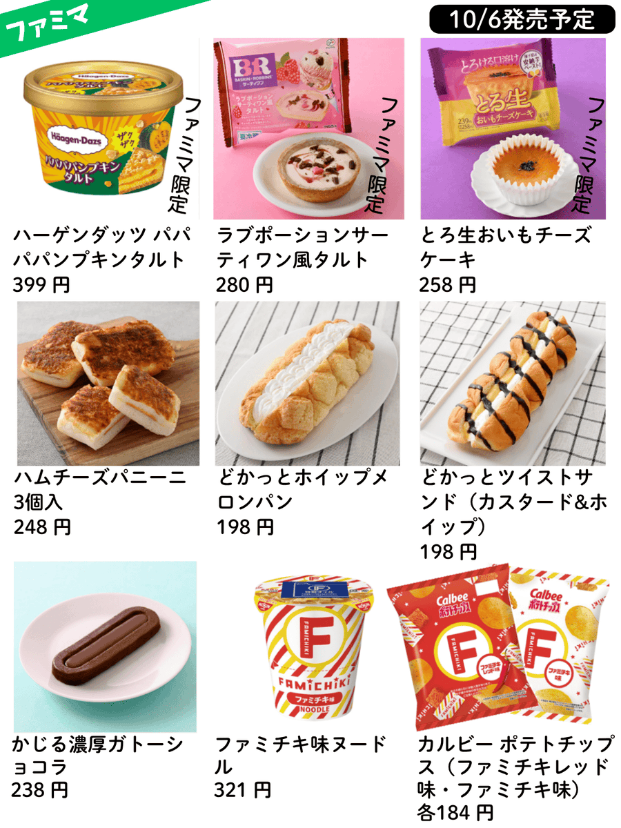 PCSIM14's tweet photo. 10/6から登場のコンビニ新商品🥯☺️
注目アイテム💨

・セブン
カリッじゅワッサン復活！、7プレミアム アイス4種 ほか

・ファミマ
ハーゲンダッツ パンプキンタルト、ファミチキ味のポテチやカップ麺 ほか

・ローソン
МILKどらもっち、紅芋サーターアンダギー ほか

・ミニストップ増量 第2弾 https://t.co/10c2bsRAJf
