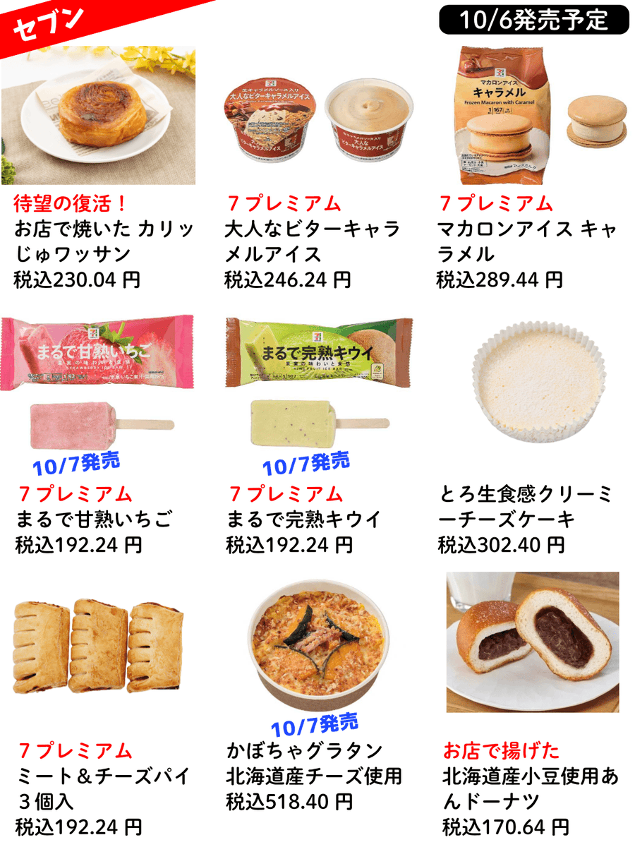PCSIM14's tweet photo. 10/6から登場のコンビニ新商品🥯☺️
注目アイテム💨

・セブン
カリッじゅワッサン復活！、7プレミアム アイス4種 ほか

・ファミマ
ハーゲンダッツ パンプキンタルト、ファミチキ味のポテチやカップ麺 ほか

・ローソン
МILKどらもっち、紅芋サーターアンダギー ほか

・ミニストップ増量 第2弾 https://t.co/10c2bsRAJf