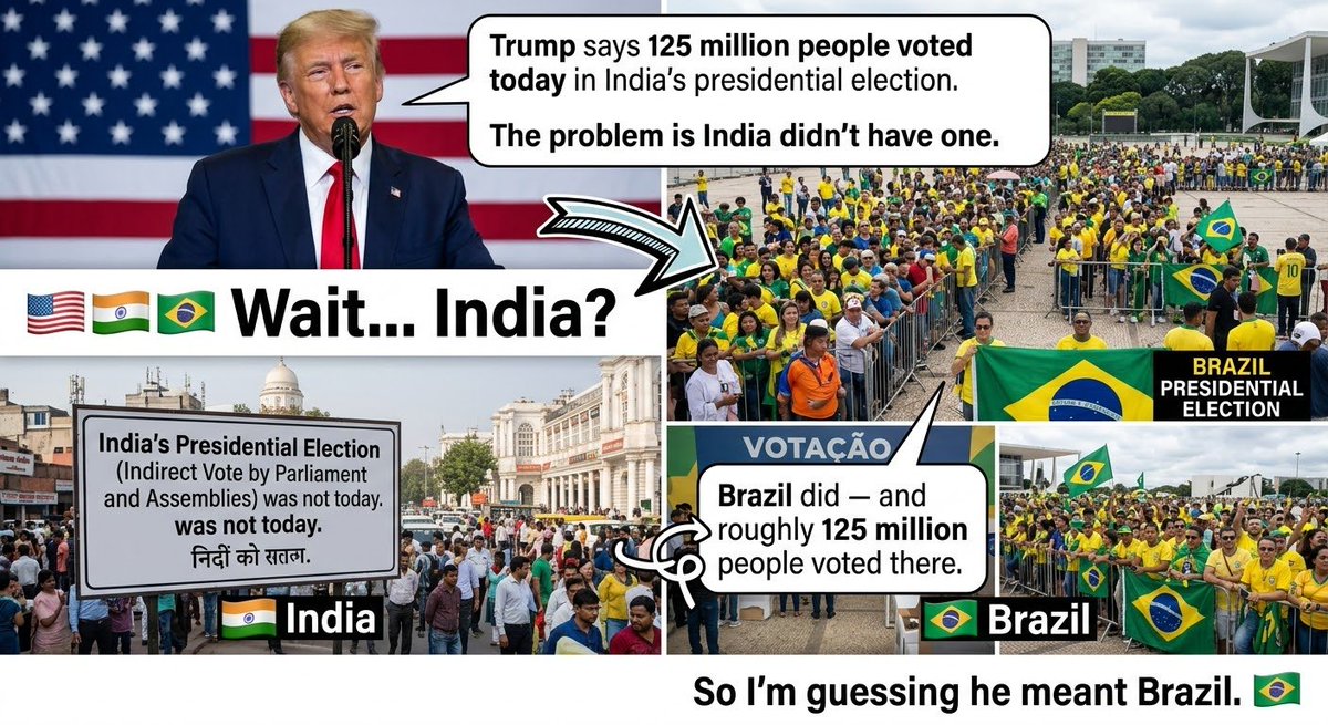 DiamondNews001's tweet photo. @MarioNawfal 🇺🇸🇮🇳🇧🇷 Wait… India?

Trump says 125 million people voted today in India’s presidential election.

The problem is India didn’t have one.

Brazil did — and roughly 125 million people voted there.

So I’m guessing he meant Brazil. 🇧🇷 https://t.co/5njnwtQS3p