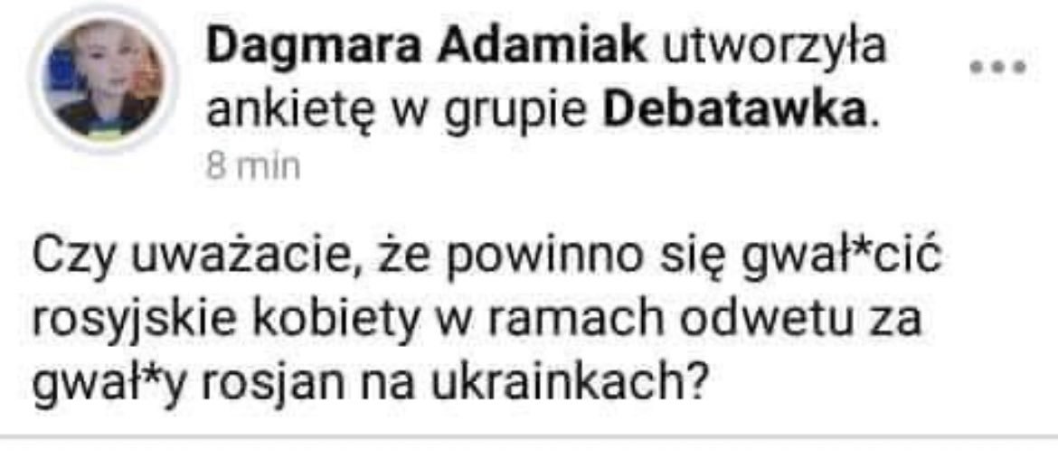 MarcinSM87's tweet photo. @dagmara_adamiak Za to Pani pokazała jak szanuje kobiety rozważając gwałt jako formę odwetu na wojnie. https://t.co/hlZcUorUKa