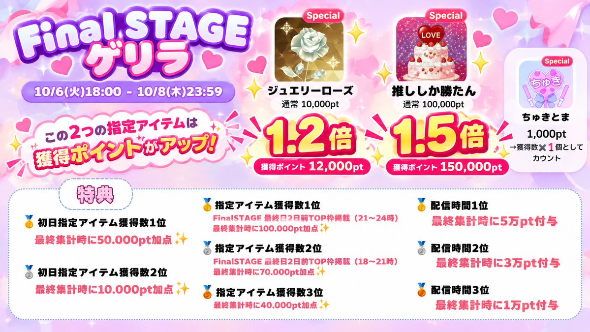 larme_themiss's tweet photo. ／
　#LARMEテミスモデル発掘AD
　#FinalSTAGE
　ゲリラ開催📣
＼

▼期間
10/6(火) 18:00 - 10/8(木) 23:59
 
▼指定アイテム
ちゅきとま
ジュエリーローズ
推し勝た

▼特典 
・指定アイテム獲得数
・配信時間
に応じて豪華特典が多数🎁

指定アイテムでの応援お待ちしております📣 https://t.co/EUBcCp1teW