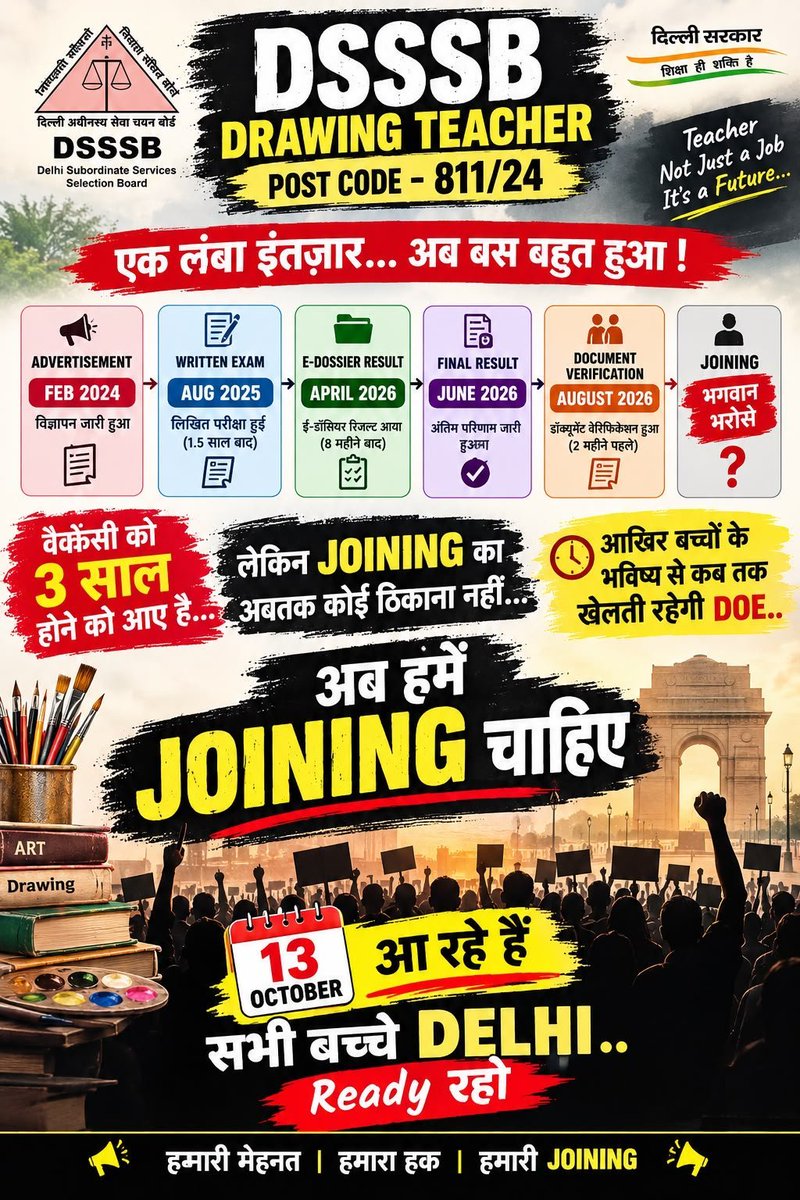 DeependraS19967's tweet photo. DSSSB 811/24 TGT Drawing R उत्तीर्ण चयनित अभ्यर्थी अभी तक नियुक्ति व स्कूल आवंटन से वंचित हैं। कृपया तत्काल संज्ञान लेकर जॉइनिंग प्रक्रिया शीघ्र संपन्न करवाएं। @CMODelhi
@gupta_rekha
@LtGovDelhi https://t.co/fiLDlgeYiA
