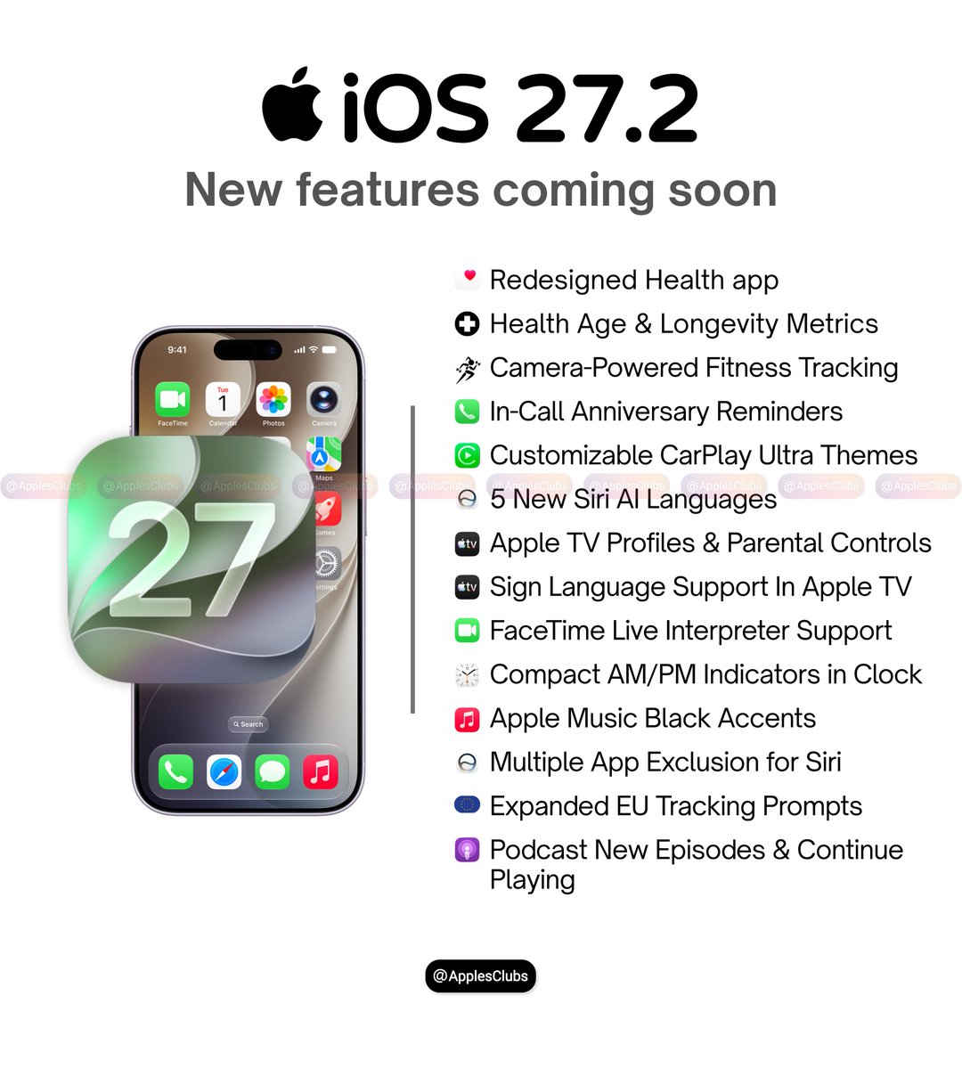 ApplesClubs's tweet photo. iOS 27.2 is coming with NEW features!

❤️ Redesigned Health app
🧬 Health Age & Longevity metrics
🏃 Camera-powered fitness tracking
🤖 5 new Siri AI languages
🚗 Customizable CarPlay Ultra themes
📺 Apple TV profiles & parental controls
🤟 Sign Language support in Apple TV
🌐 FaceTime Live Interpreter support
🕐 Compact AM/PM indicators in Clock
🎵 Apple Music black accents
🧠 Multiple app exclusions for Siri
🇪🇺 Expanded EU tracking prompts
🎙️ Podcast new episodes & Continue Playing