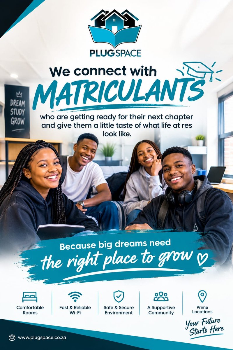 _Plugspace's tweet photo. 🎓✨ Matric is almost done… now let’s find you a space that matches the vibe! 🏠💙

Your next chapter starts with the right accommodation. 👀🔥
🔗 Browse &amp; apply: [https://t.co/Sg0Mq3c0Xt]

PlugSpace — your next chapter starts here. ❤️ https://t.co/XE35JtsXL2