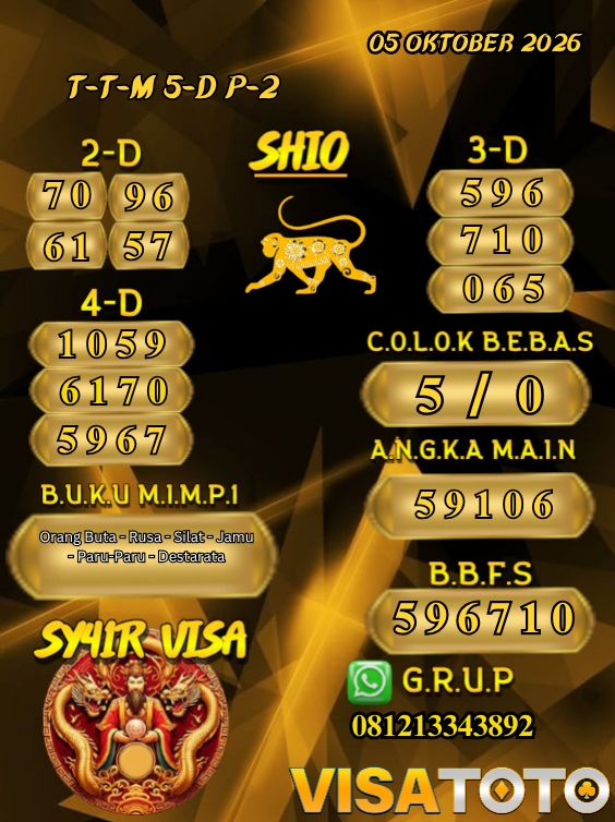 PrediksiVisa's tweet photo. PREDIKSI VISATOTO HARI INI 05 OKTOBER 2026
PASARAN : TOTOMACAU 5D P2
SALAM JACKPOT & TETAP UPS BOSSKU !! π₯°π₯°
#visatoto #AngkaMain #ColokBebas #Prediksijitu https://t.co/ZmRtKLhbpw