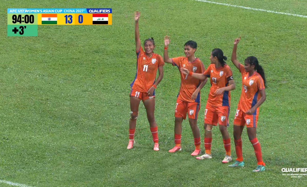 SportsArena1234's tweet photo. 🚨 FULL TIME: ⚽

INDIA 14 - 0 IRAQ

India hands Iraq proper thrashing by 14-0 in opening match of AFC U17 Asian Cup Quals

Match was earlier suspended due to thunderstorm but resumed later to give India valuable points. https://t.co/itWaSxjnje