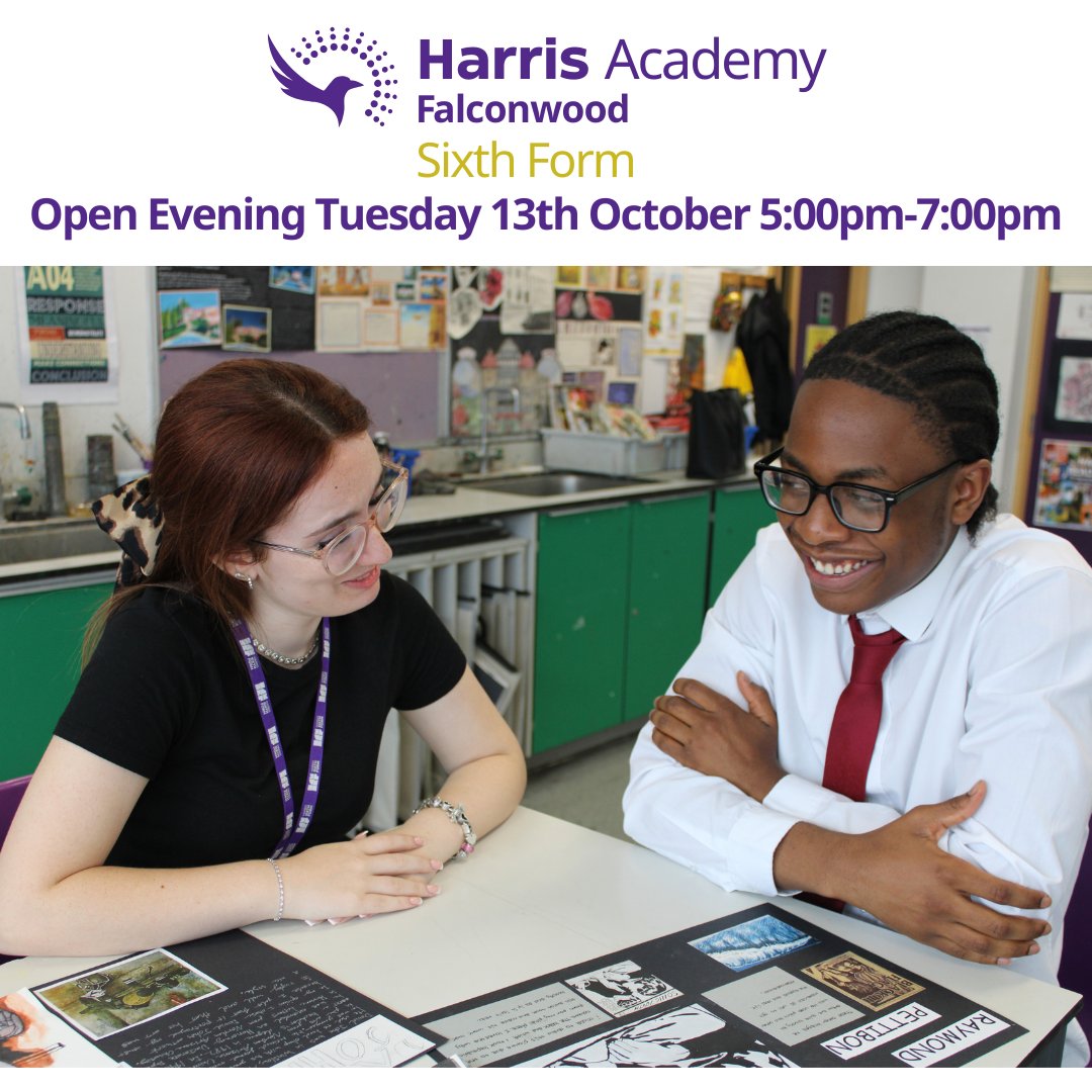Join us for the Harris Academy Falconwood Sixth Form Open Evening on Tuesday 13th October 5pm-7pm! Find out about the A Level and Level 3 CTEC courses on offer, meet staff and students, and tour the academy. No tickets needed. Image