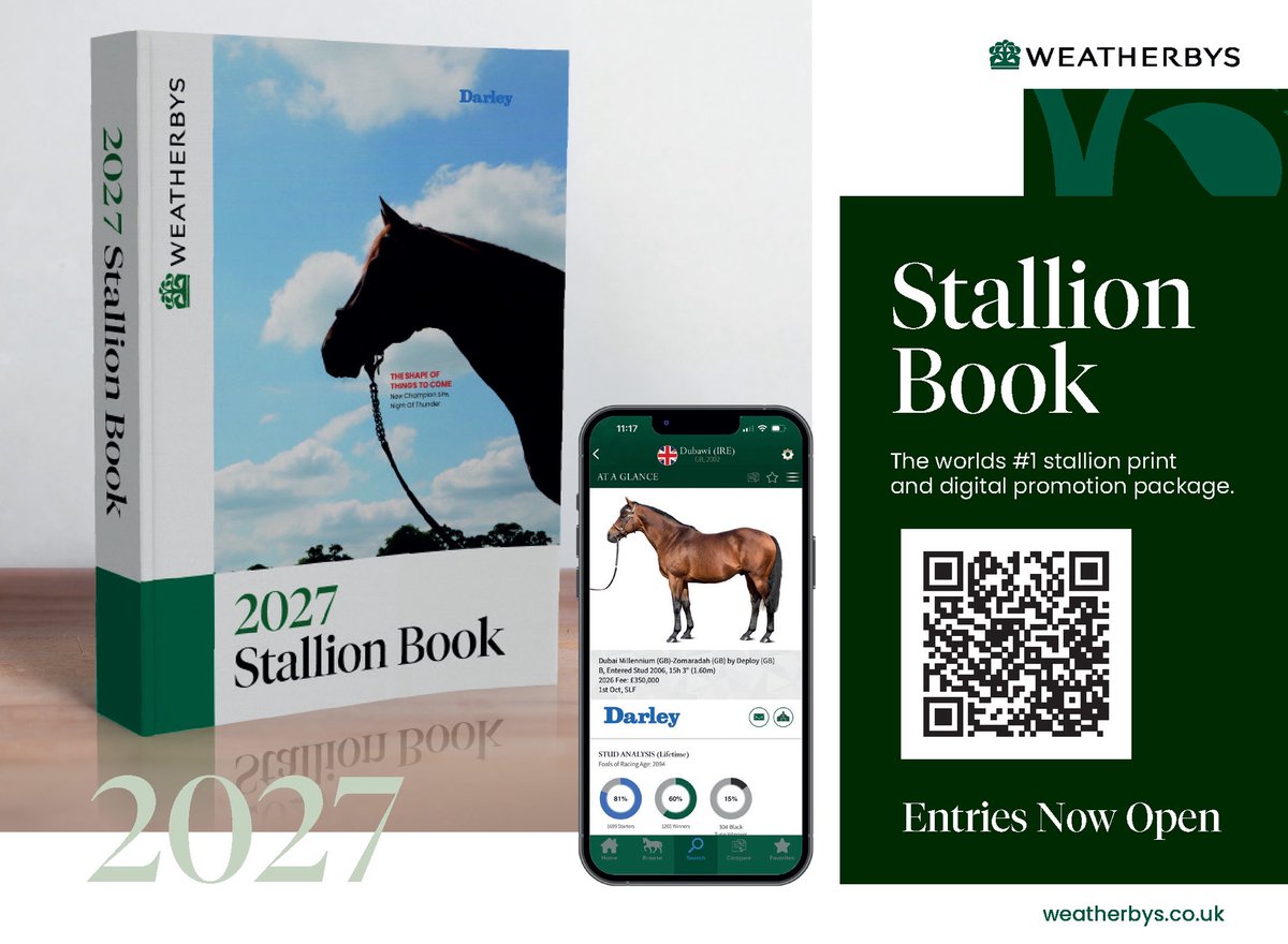 bloodstocknews's tweet photo. 📖 2027 Weatherbys Stallion Book

Entries are now open for the 2027 @Weatherbys Stallion Book, with stallions offered a dedicated print and digital promotional package ✨

Find out more and enter now 👇👇
https://t.co/vGadR5SKVF https://t.co/UXCc1CaHqI