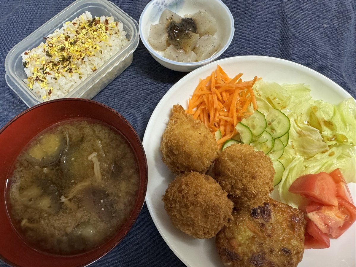 r_md_s's tweet photo. りゅう'sキッチン  晩ごはん

うずらたまごのスコッチエッグ
さつま揚げ/ サラダ
茄子とえのきの味噌汁
もち麦ご飯/ こんにゃく田楽 https://t.co/UWiRewZvqF