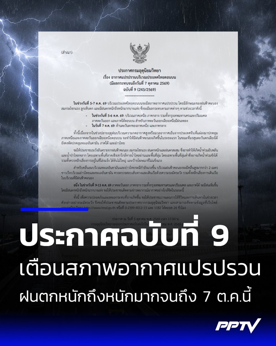 PPTVHD36's tweet photo. กรมอุตุฯ ออกประกาศฉบับที่ 9 เตือนสภาพอากาศแปรปรวน-มีฝนตกหนักถึงหนักมากบางแห่ง มีผลกระทบจนถึงวันที่ 7 ต.ค. 2569

อ่านต่อ : https://t.co/cpBkmUdNmb

#กรมอุตุนิยมวิทยา #ฝนตก #พยากรณ์อากาศ #อากาศวันนี้ #เตือนภัย #ประกาศเตือน #ฝนตกหนัก #ฝนตกหนักถึงหนักมาก #ร่องมรสุม #มรสุม #ฝนถล่ม #สภาพอากาศแปรปรวน #เรื่องข่าวเรื่องใหญ่ #PPTVHD36