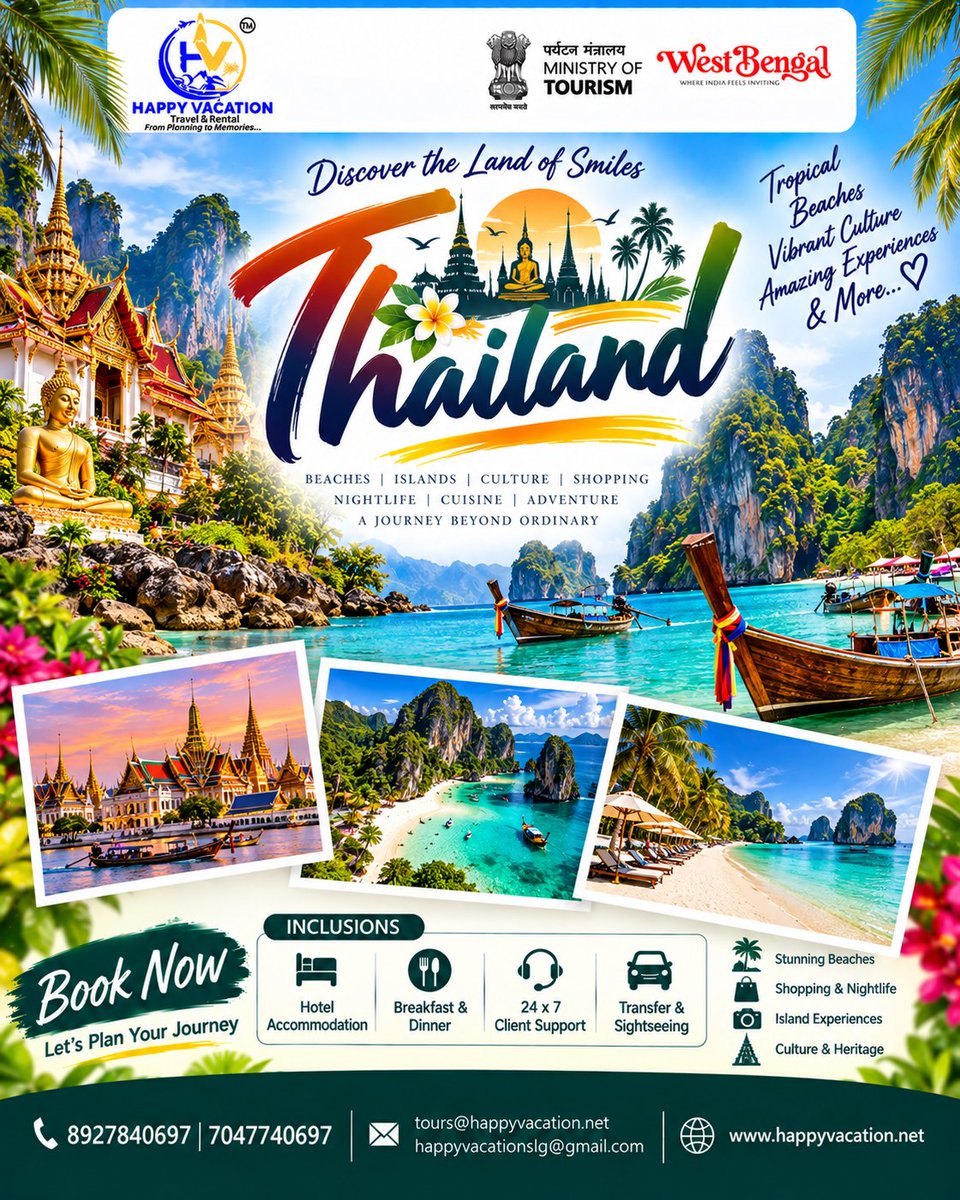 evellyndrew's tweet photo. Discover Thailand: tropical beaches, vibrant cities, rich culture, adventure, relaxation, shopping and island escapes. Explore. Experience. Enjoy. Book your travel with Happy Vacation. https://t.co/U2mQpDH6tL