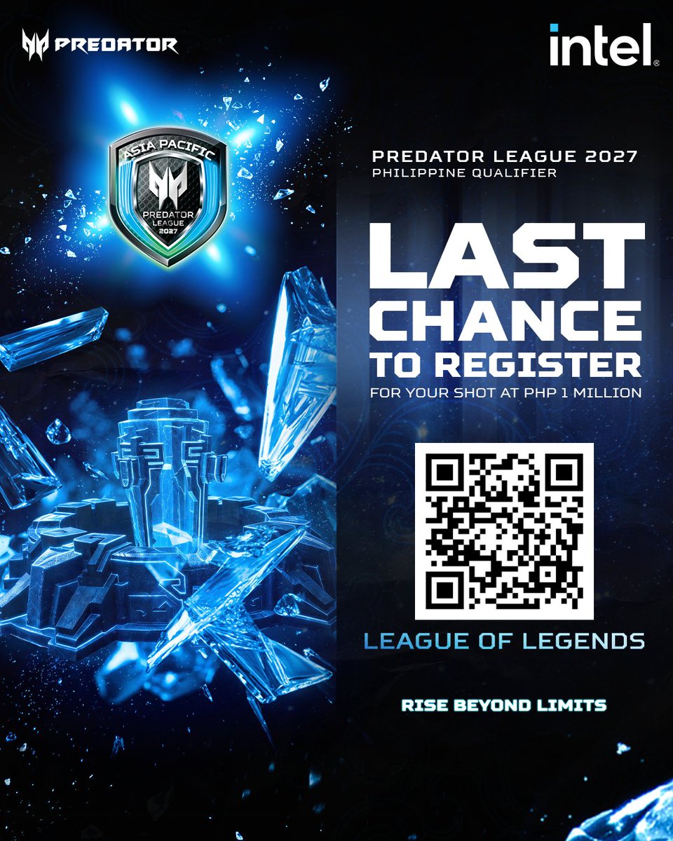 predatorph's tweet photo. This is your final chance to sign up for the Predator League 2027 Philippine Qualifier – League of Legends.

Registration Deadline: October 15, 2026 at 7:00 PM
League of Legends Qualifiers: October 18

#PredatorGaming #ItLiesWithin #IntelGaming #RiseBeyondLimits https://t.co/yFJJhRPL7w