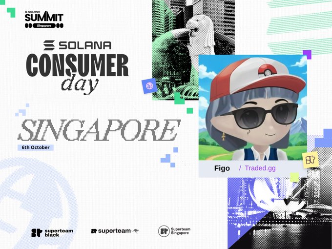 Promotional graphic for Solana Consumer Day Singapore on 6th October, featuring an animated character avatar labeled 'Figo / Traded.gg' alongside Solana and event sponsor logos.