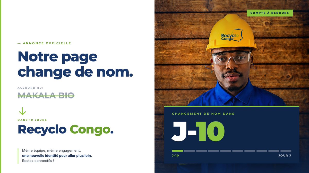 makalabio's tweet photo. Vous nous connaissez sous le nom de Makala Bio. Dans 10 jours, retrouvez-nous sous celui de Recyclo Congo ! ♻️

Même équipe, même engagement, une ambition qui grandit.

J-10 : une nouvelle étape commence avec vous. 💚

#RecycloCongo #MakalaBio #kinshasa #RDcongo https://t.co/I4Otnggu50