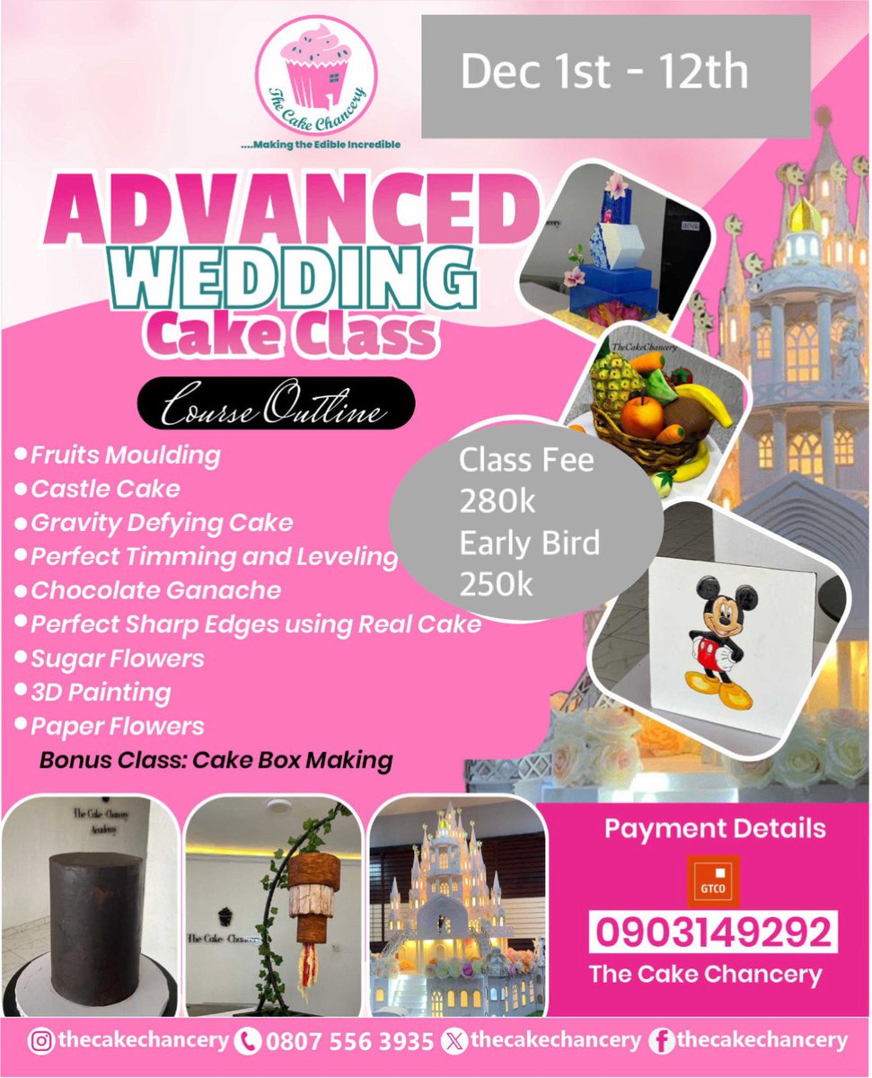 TheCakeChancery's tweet photo. Our advanced wedding cake class registration is still on..
Kindly help retweet 🙏🙏🙏 https://t.co/OBZJKzFzZT