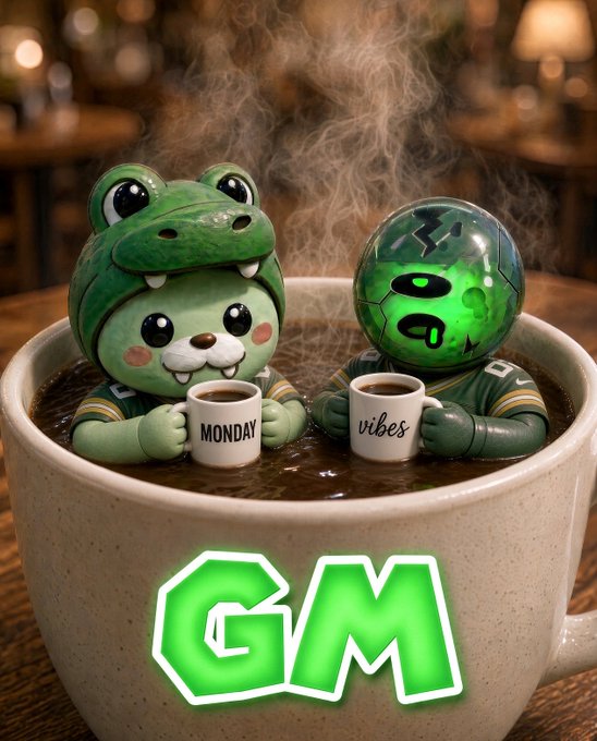 A whimsical image showing two small figures sitting in a giant cup of dark liquid (resembling coffee or tea), with steam rising. One is a cute frog-like character in a frog hat holding a "MONDAY" mug, and the other is a green metallic character holding a "vibes" mug. A green "GM" logo is overlaid at the bottom.