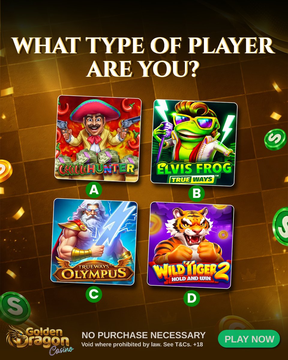 goldendragncas's tweet photo. What type of player are you? 🔥
🎰Choose your vibe:
🌶️ A – Chilli Hunter
🎙️ B – Elvis Frog TRUEWAYS
⚡ C – Olympus TRUEWAYS
🐯 D – Wild Tiger 2

Drop your letter in the comments below! 👇

18+ NO PURCHASE NECESSARY. Void where prohibited by law. Full T&amp;C apply. https://t.co/DsJexbGWbR