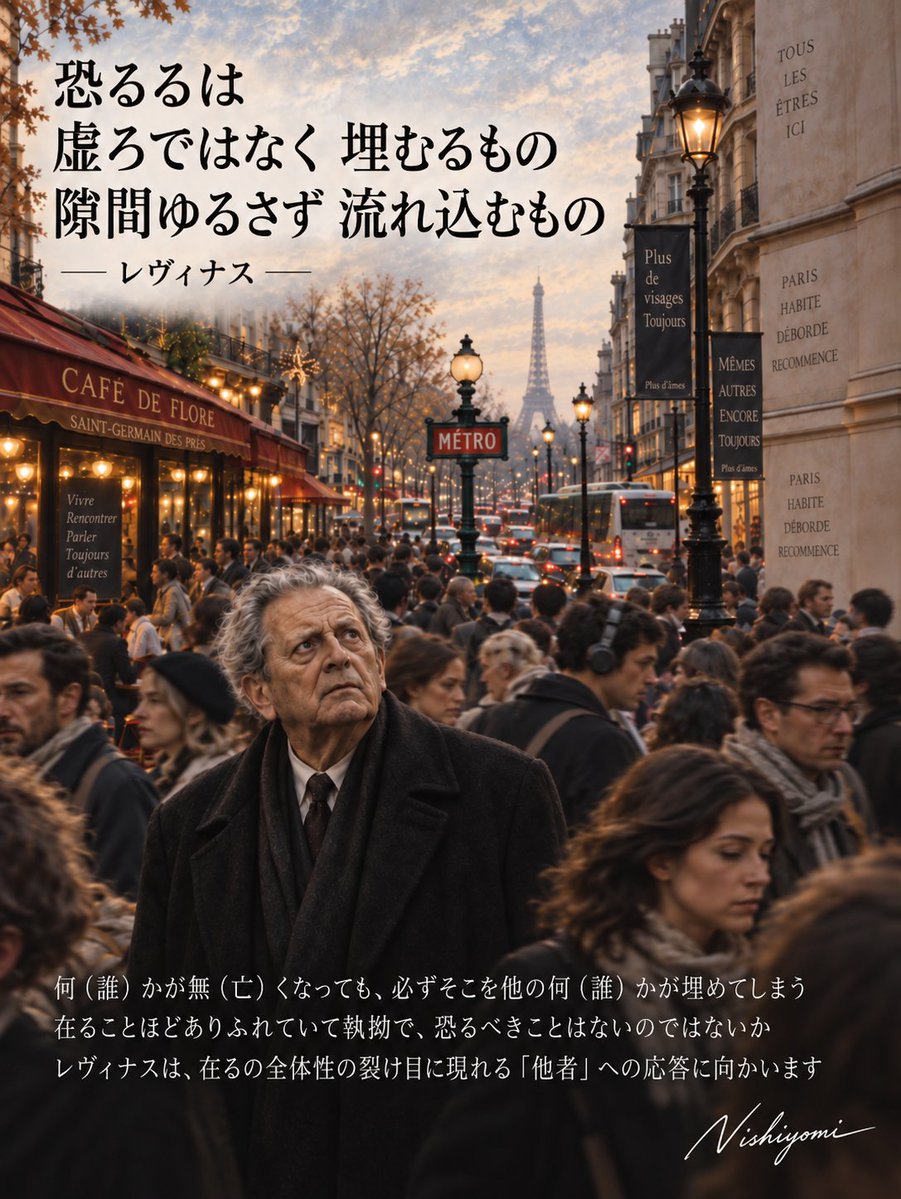Philosophy0428's tweet photo. 恐るるは
虚ろではなく 埋むるもの
隙間ゆるさず 流れ込むもの

レヴィナス

何（誰）かが無（亡）くなっても、必ずそこを他の何（誰）かが埋めてしまう
在ることほどありふれていて執拗で、恐るべきことはないのではないか
レヴィナスは、在るの全体性の裂け目に現れる「他者」への応答に向かいます