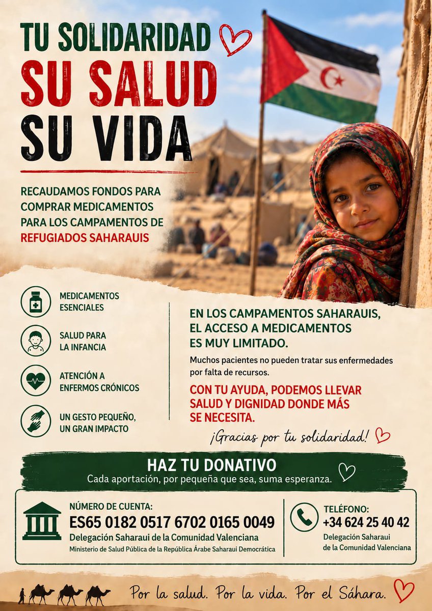 InterSolidaria's tweet photo. Fes el teu donatiu i ajuda’ns a recaptar fons per a comprar medicaments per als campaments de refugiats sahrauís.

Cada aportació compta. Entre totes i tots podem contribuir a garantir l’accés a medicaments i atenció sanitària. 🤝

#Sàhara #Solidaritat #RefugiatsSahrauís https://t.co/pjb1IZJpxC