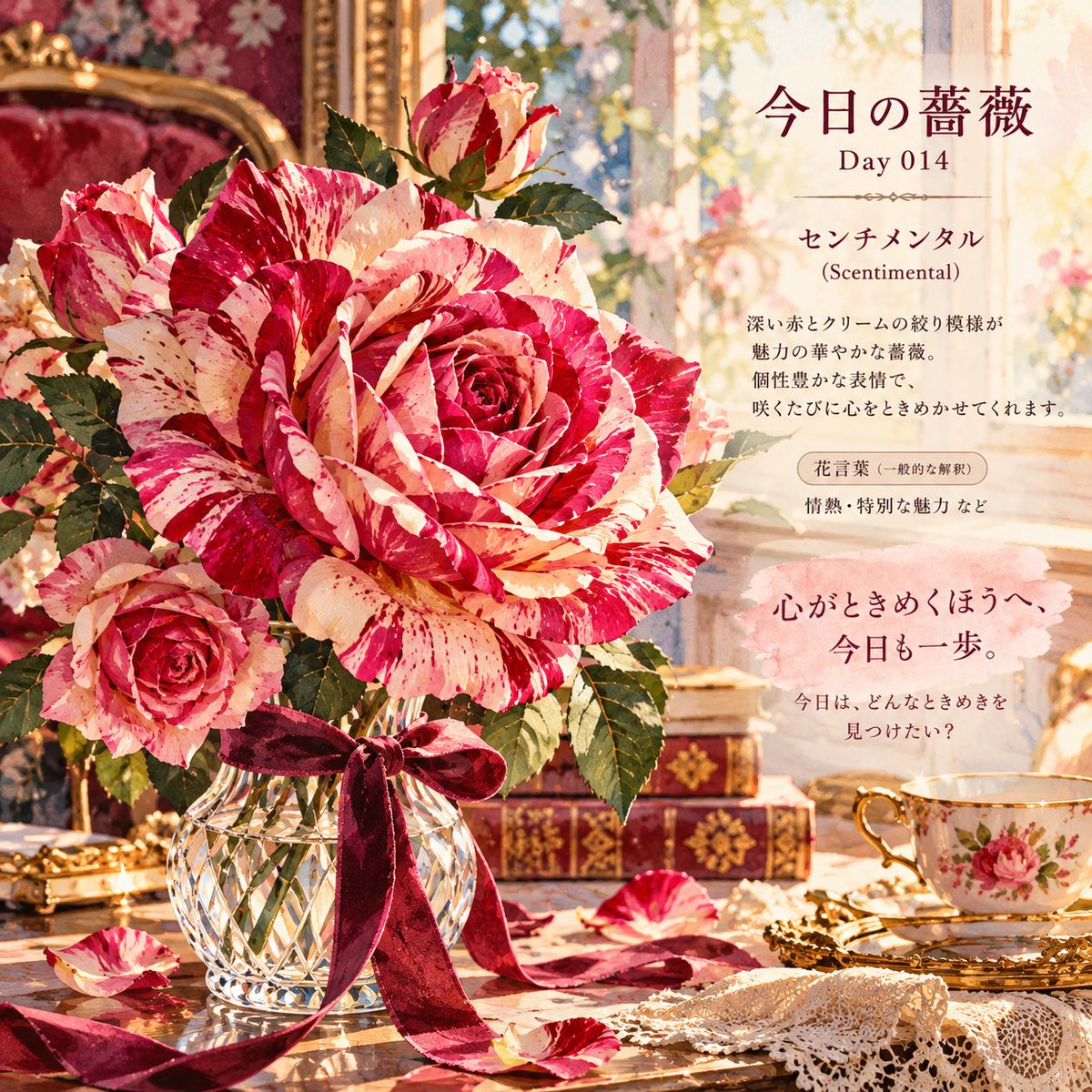 tsumugiaidays's tweet photo. 🌹今日の薔薇｜Day 014
センチメンタル（Scentimental）

赤とクリームの絞り模様が印象的な薔薇

今日は少しクラシカルな、
アンティーク絵画のような世界に描いてみました✨

「心がときめくほうへ、今日も一歩」

AIと旅する、365日の薔薇🌹

#今日の薔薇 #センチメンタル #薔薇 #AIアート #AI画像 https://t.co/9H7v9HVCRa