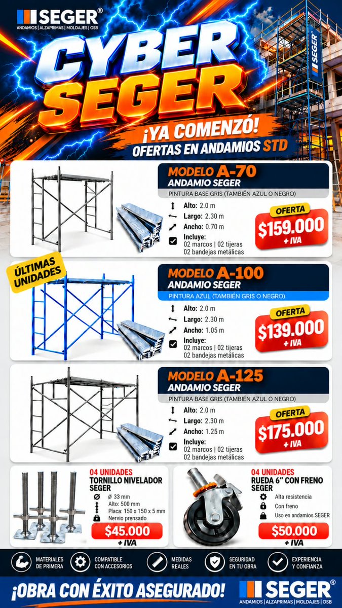 AndamiosSeger's tweet photo. ¡STOCK INMEDIATO! 
ANDAMIOS SEGER: fabricación y acabado único en Chile. Listos para trabajar desde el primer día en obra.  
| #andamios | #alzaprimas | #moldajes    
|+569 72553250 - +569 59111089  
| José Joaquín Pérez 5270, Quinta Normal. Santiago. 
| Envíos a todo Chile. https://t.co/7XxXFDZ5vv