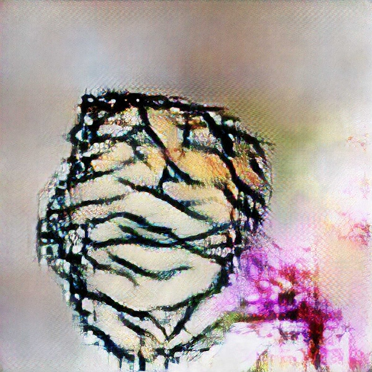 WangXiang's tweet photo. The artist’s consciousness is secondary to how a work is interpreted. Once the work exists, what we read in it does not depend on whether its maker was conscious of that meaning, or even capable of consciousness. A symbol does not have to have been known in order to be read.
'Cocon Floral' by @obv_ious 
#flower #butterfly #prakriti #purusha #yin #yang