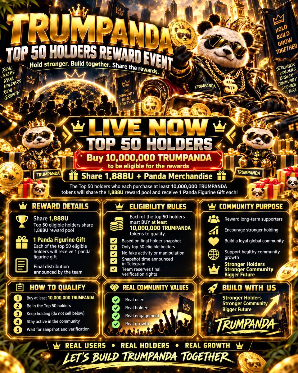 TRUMPANDAS's tweet photo. New opportunities are often born with risk. Are you ready?

TRUMPANDA Top 50 Holders Reward Event is LIVE 🔥

Buy &amp; hold 10,000,000 TRUMPANDA to qualify for the 1,888U reward pool + Panda merchandise.

Buy on https://t.co/xQ9AIDpl2c
CA: 0x9cc47b3496280eae42fda8d13c98e2a5b17dd0b8 https://t.co/cCLgpykHKX