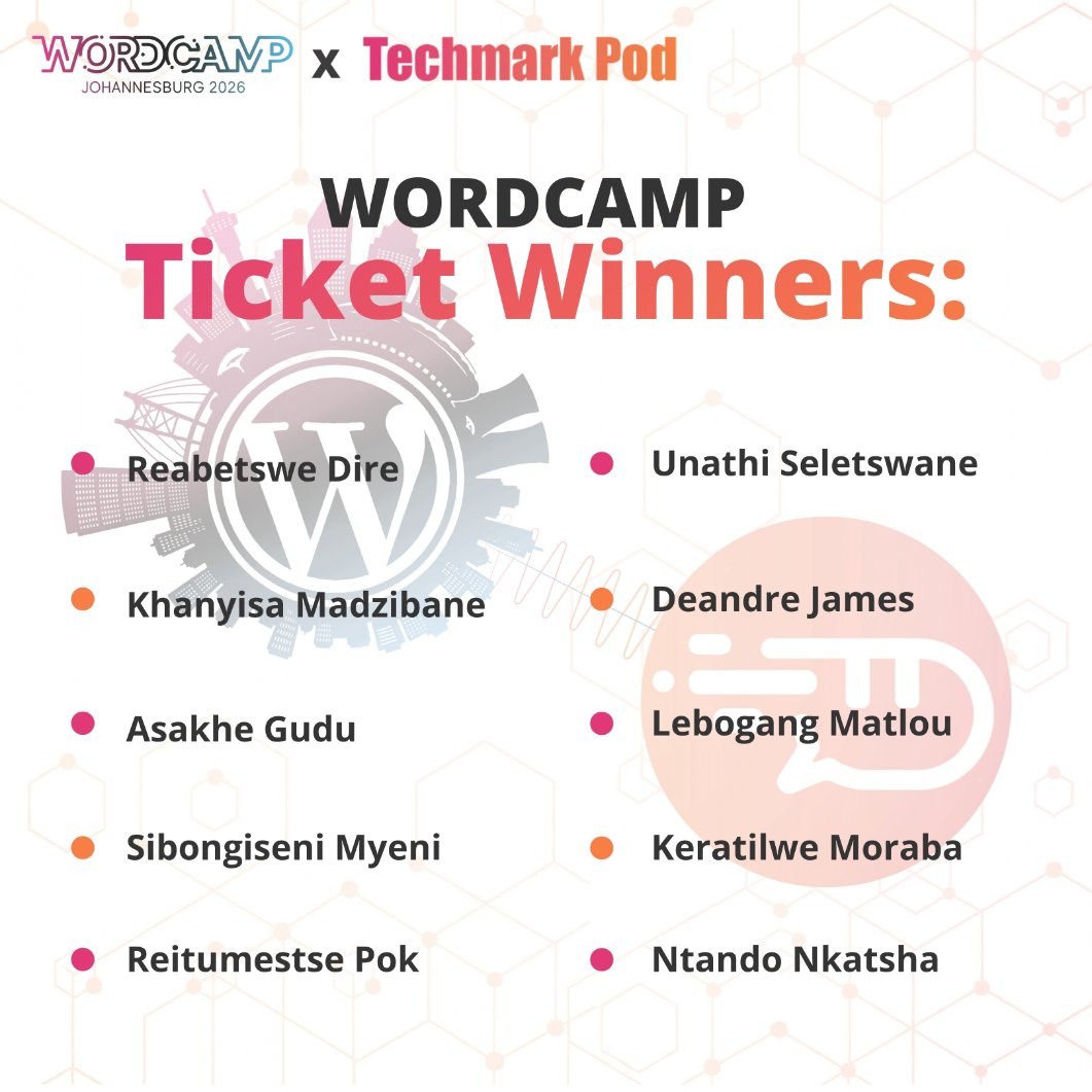 wordcampjoburg's tweet photo. Congratulations to the lucky winners from the UP Final Year Mentee Bootcamp 2026 who won tickets to attend WordCamp Joburg 2026!
Haven’t purchased your ticket yet? Get yours here: https://t.co/i9CpMoNiC8
We can’t wait to see you there! 🙌
#WordCampJoburg #Techmarkpod #UPBootcamp https://t.co/nXRLR91CNe