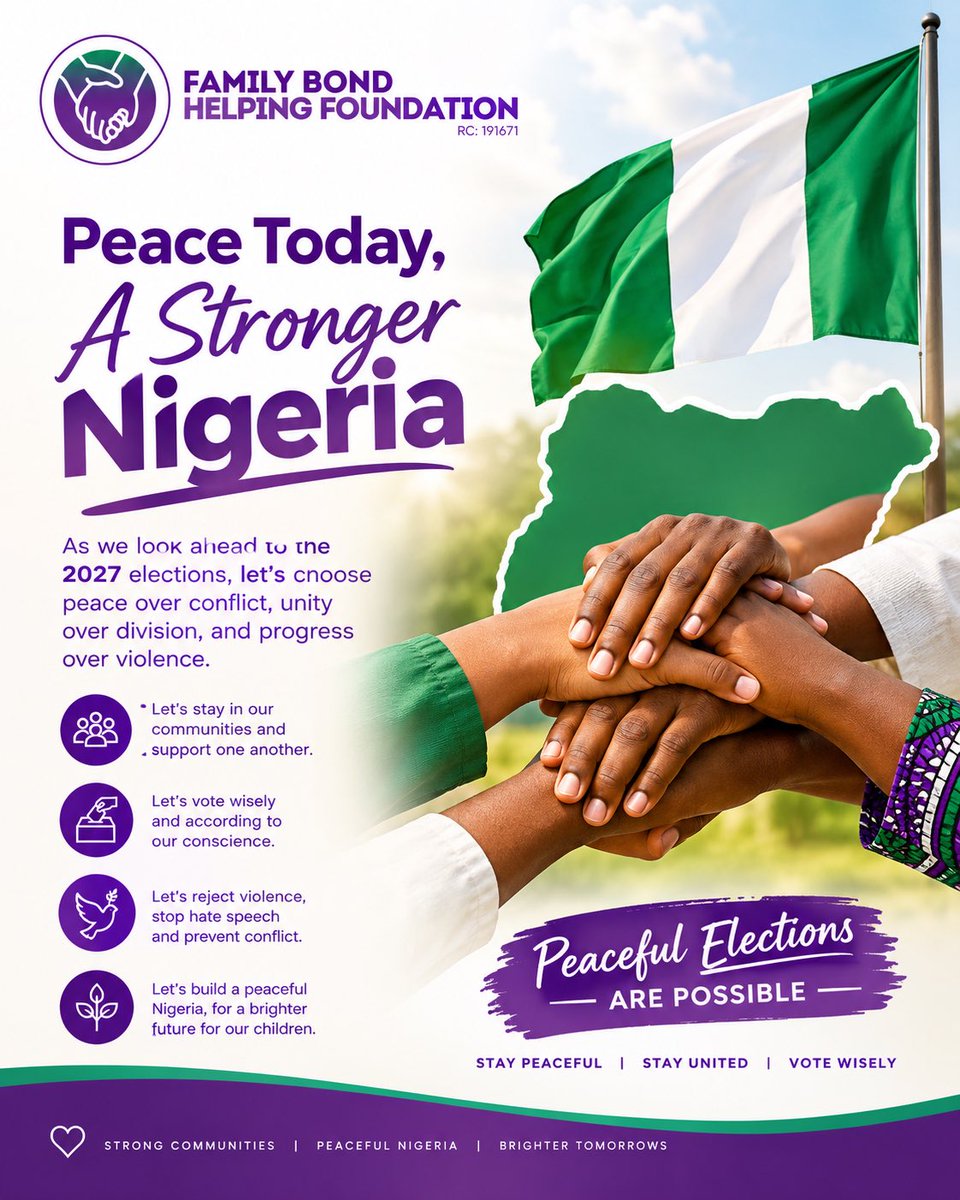 fbh_foundation's tweet photo. Peaceful elections begin with peaceful communities. 🇳🇬💚 Let’s choose unity over division, dialogue over violence, and a better Nigeria for everyone. Together, we can make 2027 peaceful. 🕊️

#PeacefulElections #Nigeria2027 #PeaceInNigeria #UnitedForNigeria #VoteWisely https://t.co/brdLpuCxo2
