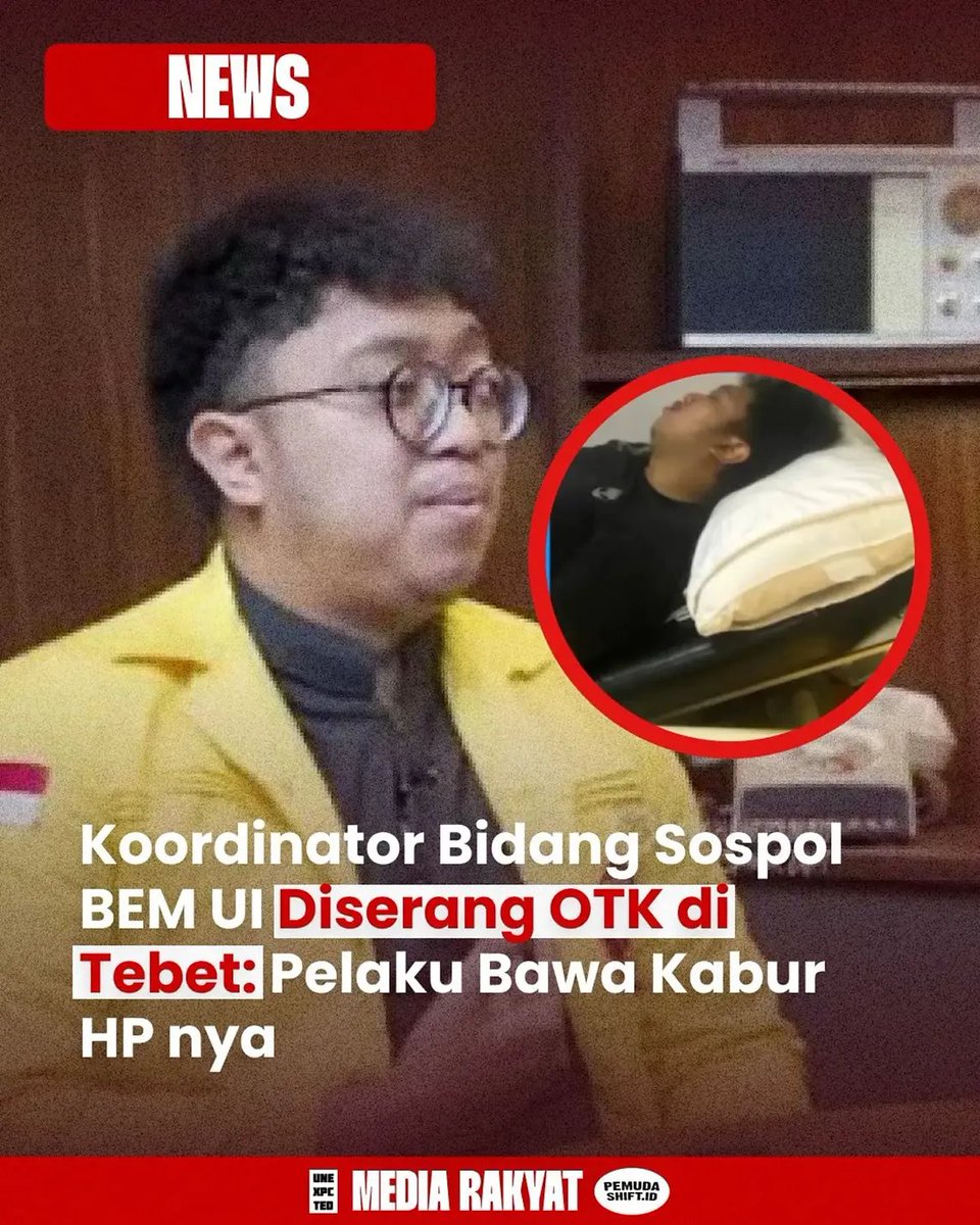 SalingJagaWarga's tweet photo. ALERTA ALERTA🚨
Koordinator Sospol BEM UI, Hafidz Hernanda, dilaporkan diserang OTK di Tebet Barat, sekitar pukul 23.50 WIB.

Korban ditendang hingga jatuh, dipukuli, diancam dibunuh, lalu HP dan tasnya dirampas.
Hafidz selama ini aktif menyuarakan kritik terhadap kebijakan pemerintah.

Motif penyerangan harus diusut. 
Siapa pelakunya? Siapa yang menyuruh?

Jangan sampe kekerasan jadi cara membungkam suara kritis.
Usut sampai terang!!

#SalingJagaWarga